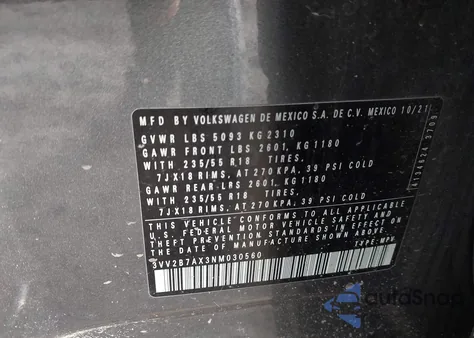 2022 Volkswagen Tiguan 2.0T Se from USA, damaged, VIN 3VV2B7AX3NM030560